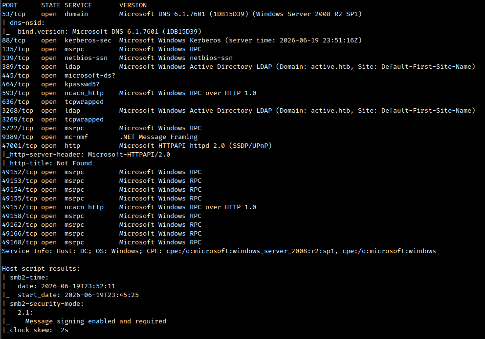 Nmap scan results for HTB Active