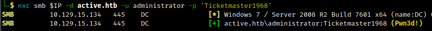 Administrator access verified with NetExec