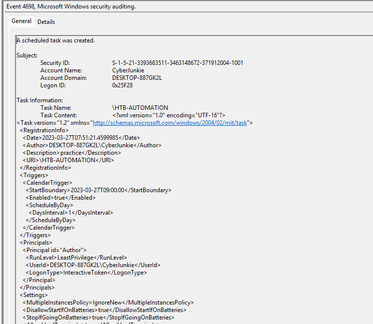 Security log filtered for scheduled task creation