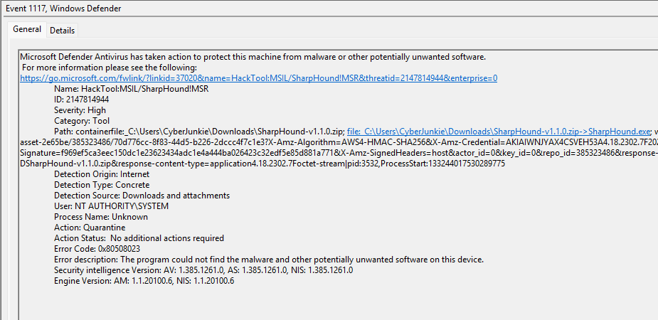 Microsoft Defender detection event
