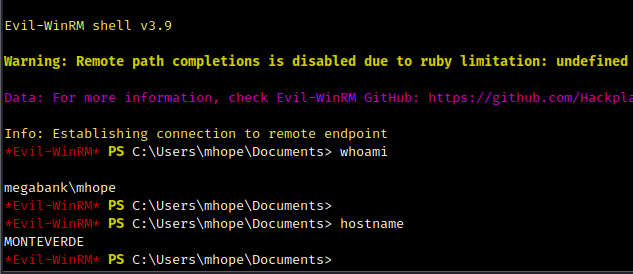 Evil-WinRM shell as mhope