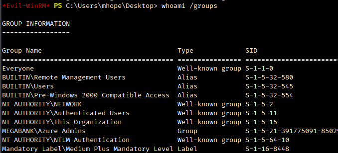 whoami groups showing Azure Admins