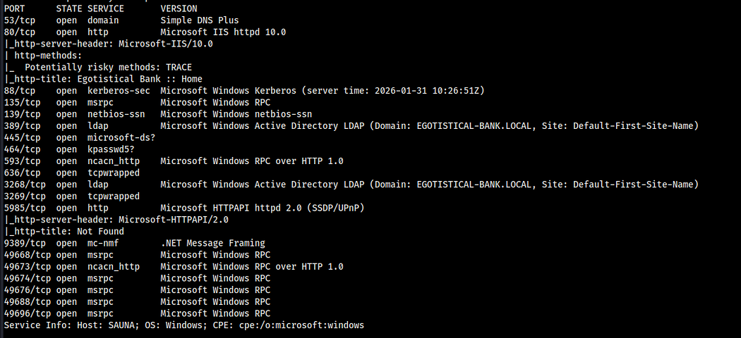 Nmap scan showing Active Directory services on the Sauna target