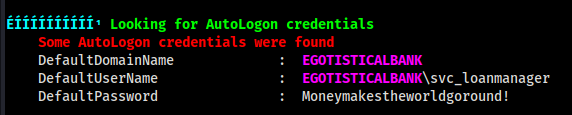 WinPEAS revealing AutoLogon credentials stored in the registry